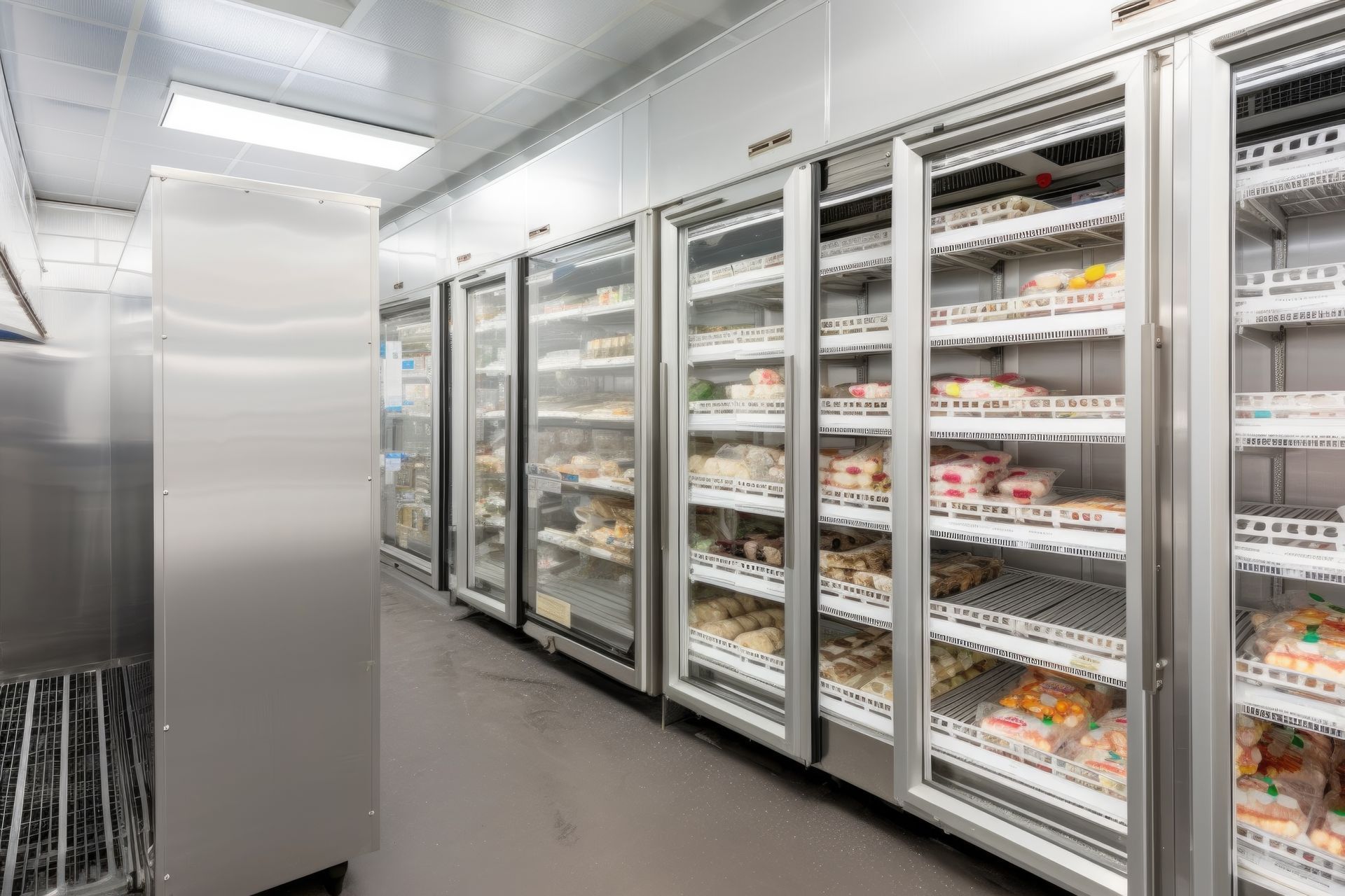 Walk-in refrigerator filled with food products, stainless steel and glass doors, commercial kitchen setting.