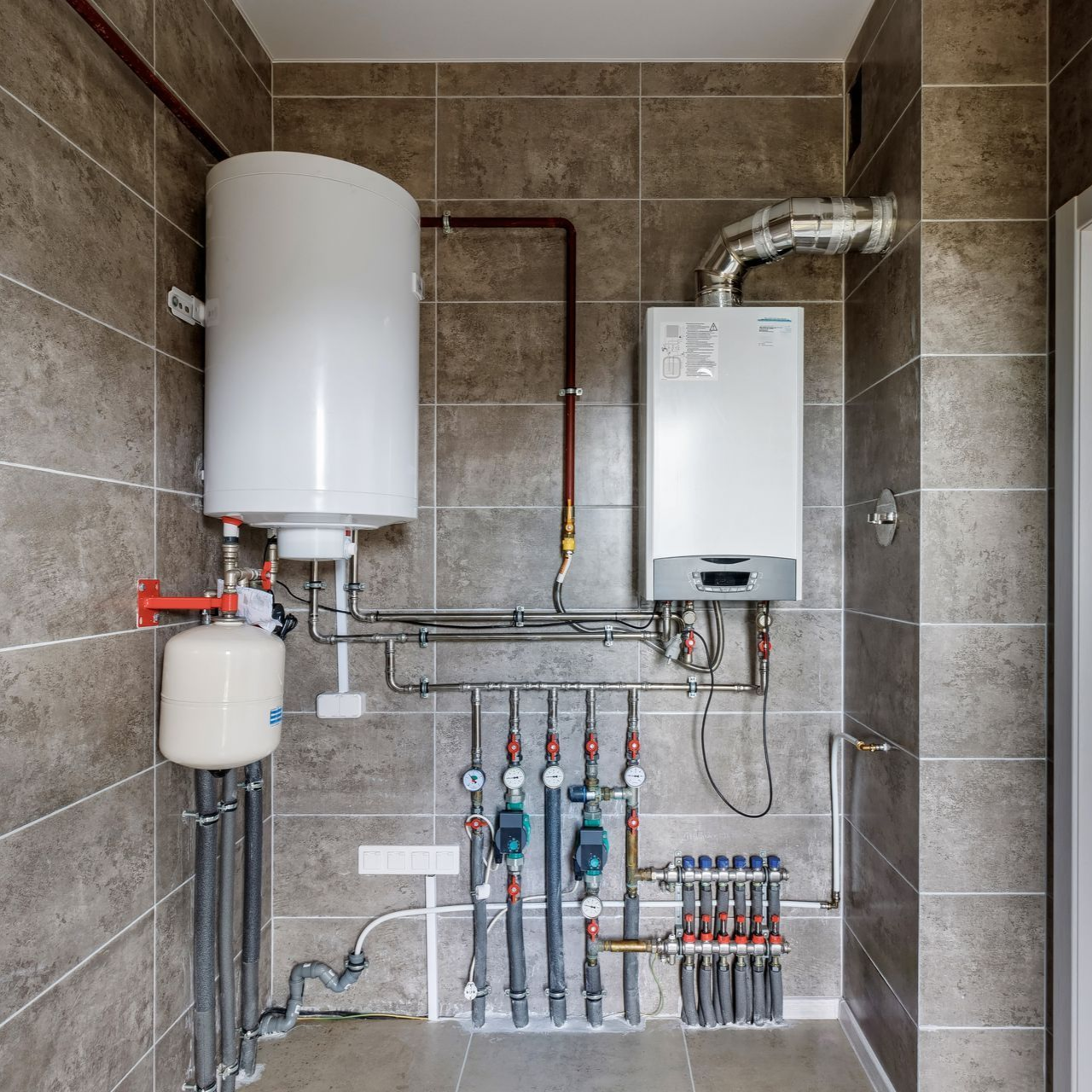 White water heater and boiler with interconnected pipes against tiled wall.