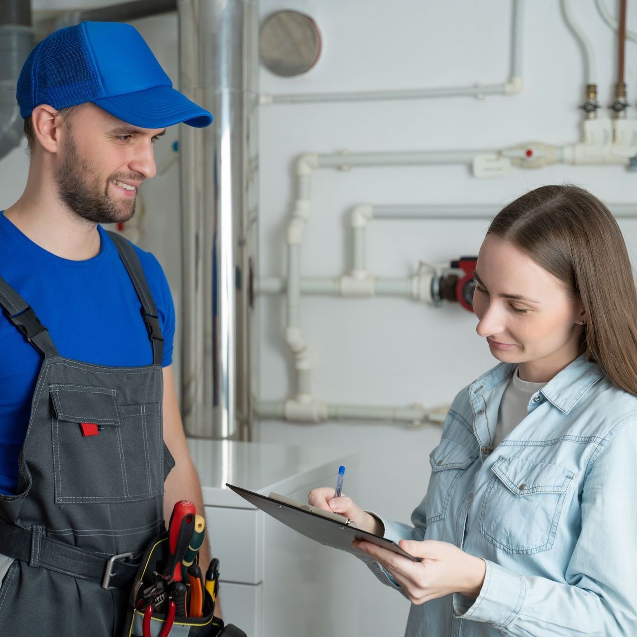 HVAC technician is talking to a woman who is holding a clipboard.