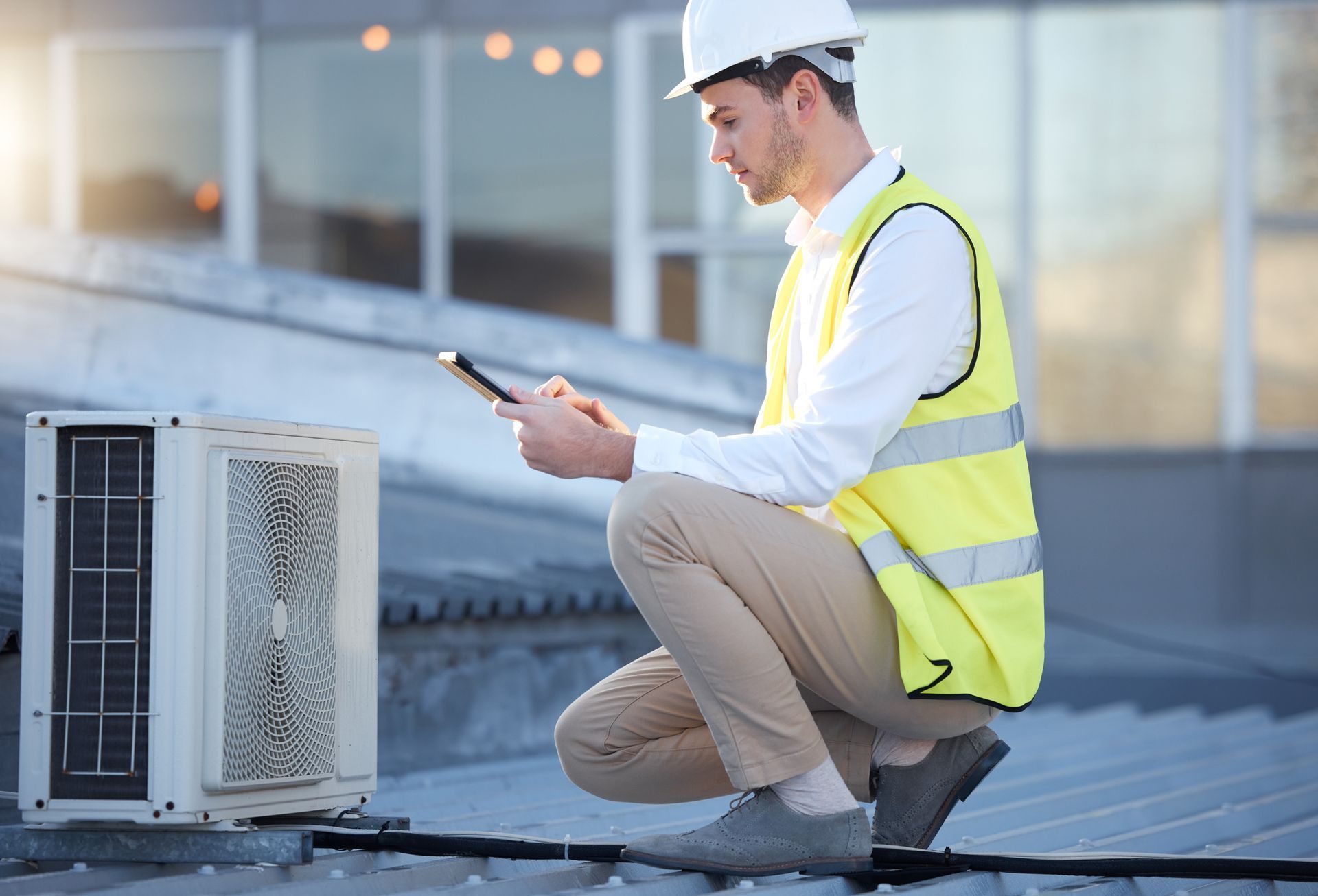 Man in hardhat and safety vest inspecting HVAC unit on a rooftop, using a tablet.
