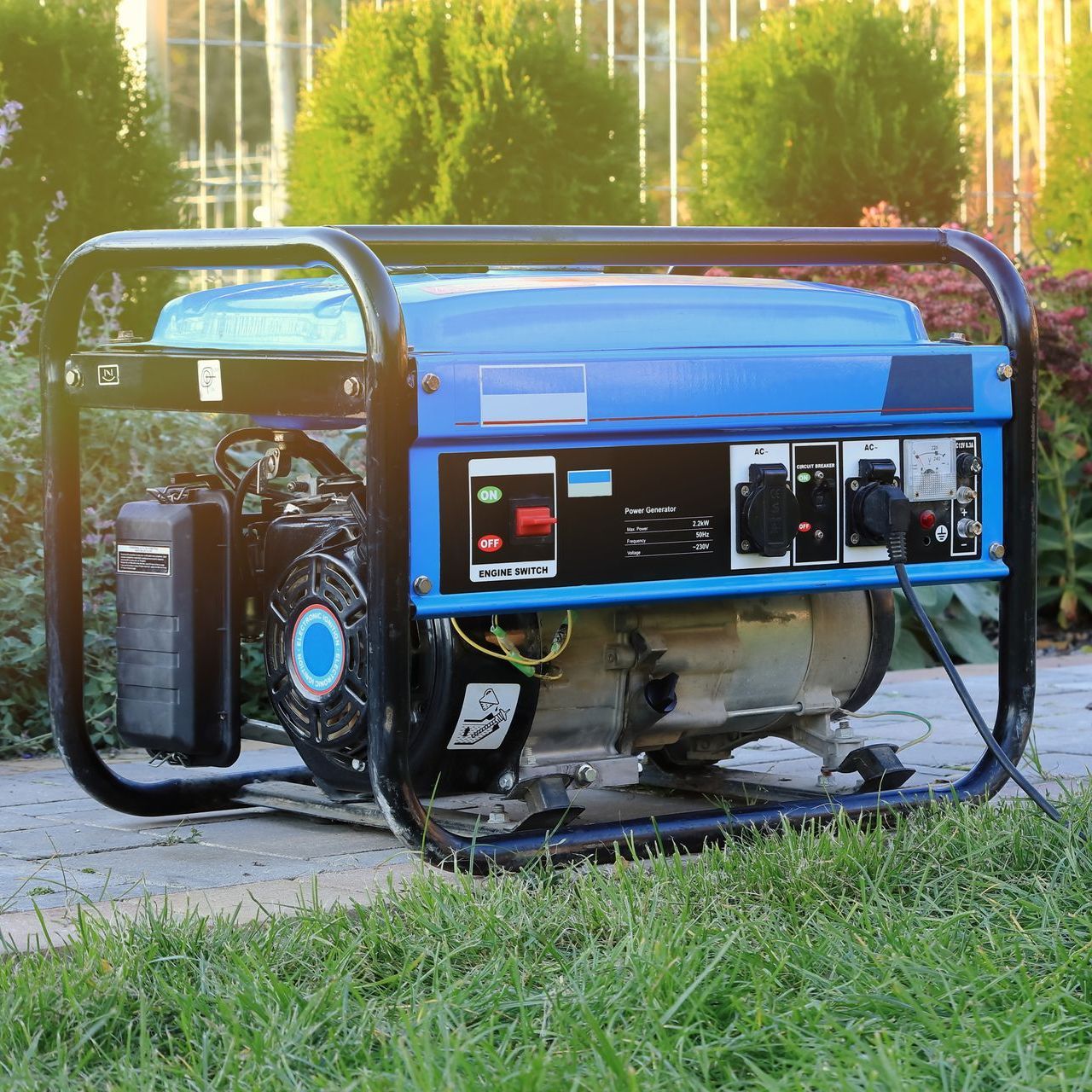 a blue portable generator is sitting on top of a lush green field .