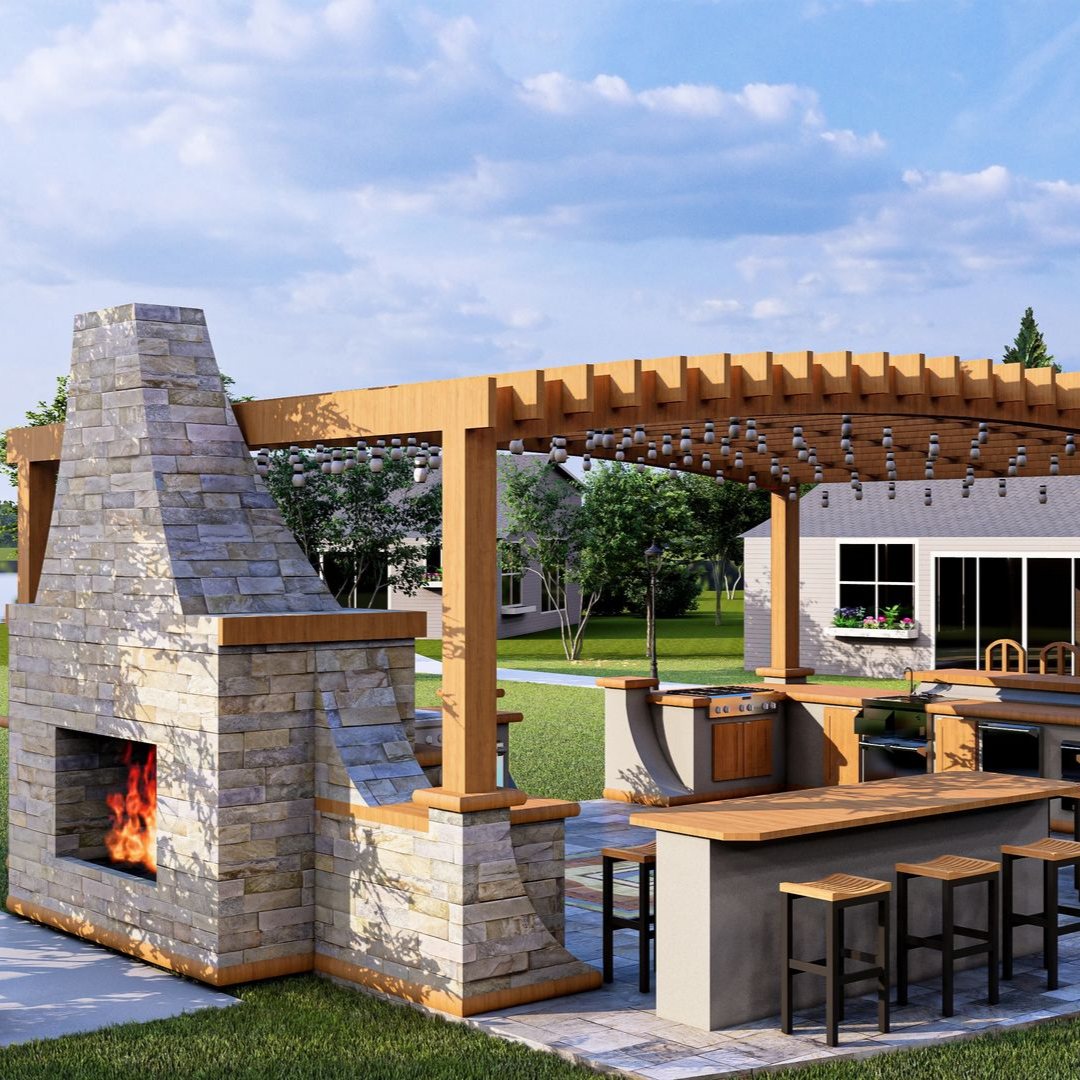 Outdoor kitchen with stone fireplace, wooden pergola, and bar seating.