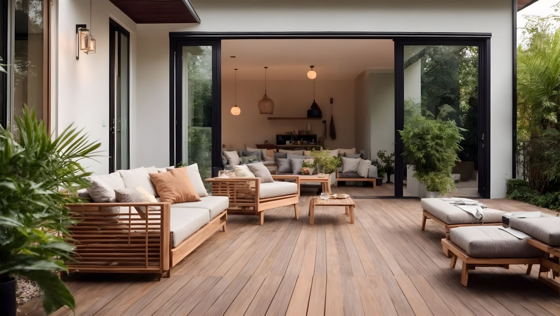 Terrasse en bois avec mobilier de jardin, donnant sur un intérieur ouvert.