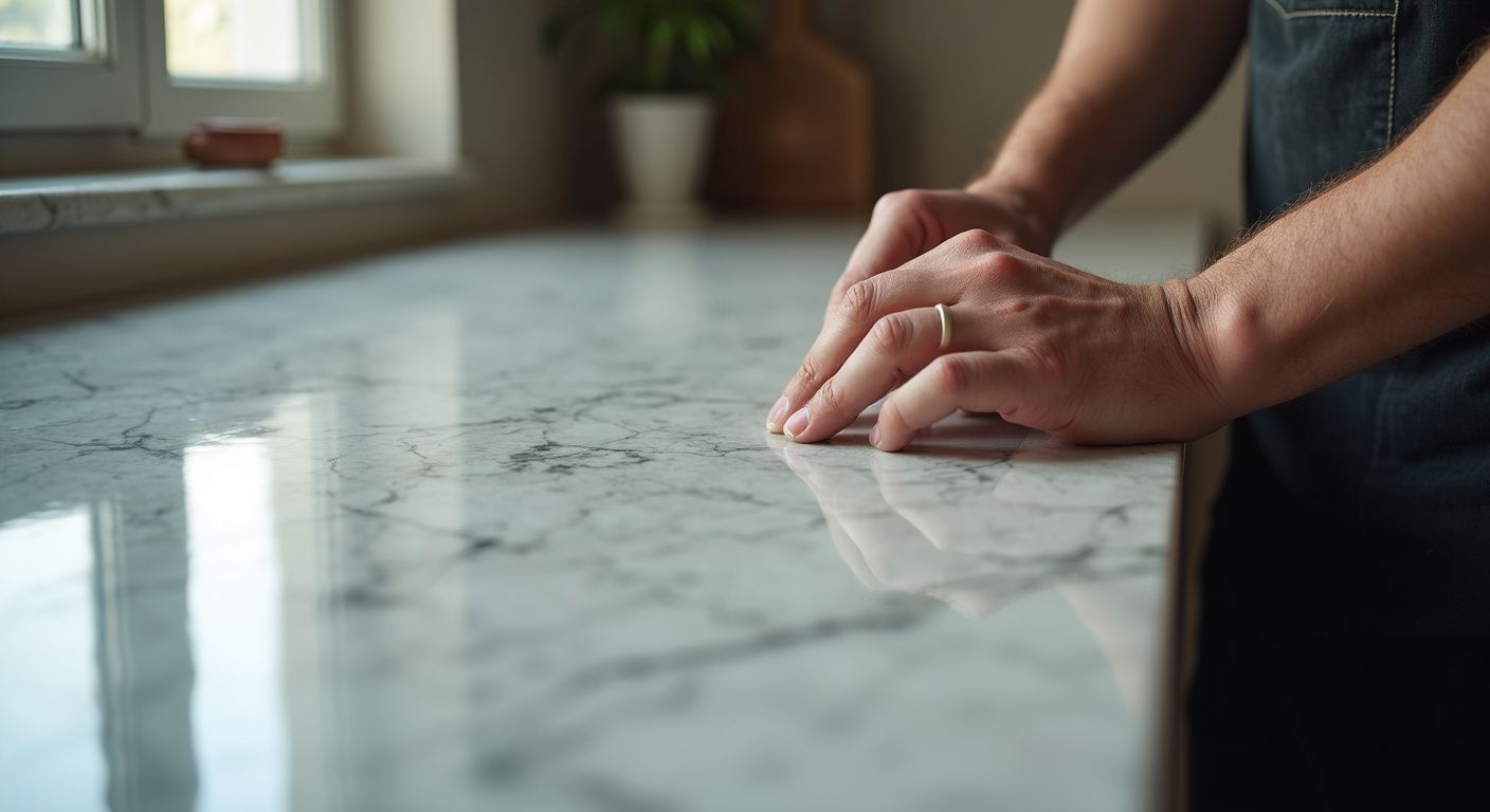 Person's hands resting on a marbled countertop near a window. Sunlight reflects off the surface.