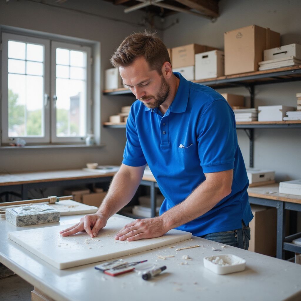 Man in blue shirt working on a white surface, workshop setting.