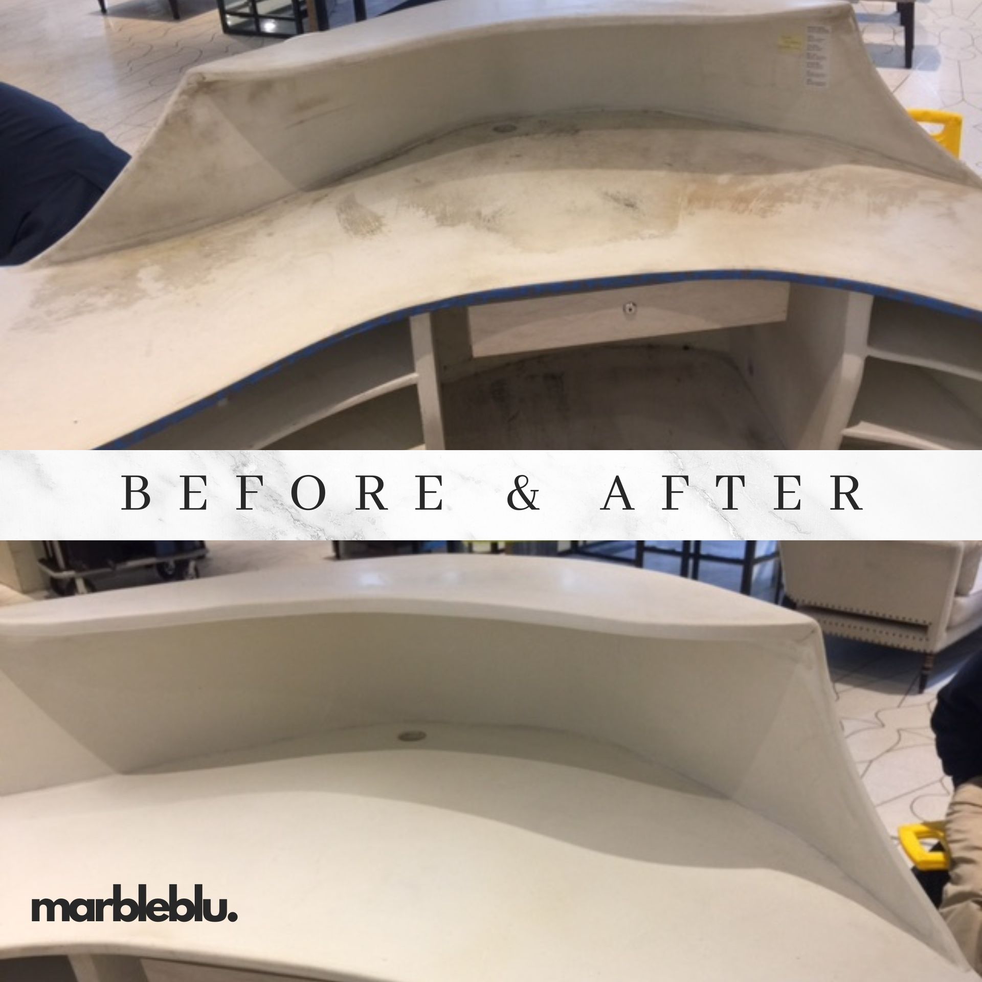 Before and after of a curved white countertop, showing cleaning results.