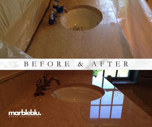 Before and after of a bathroom vanity countertop. Shows dull and then polished marble. White sink and dark fixtures are visible.