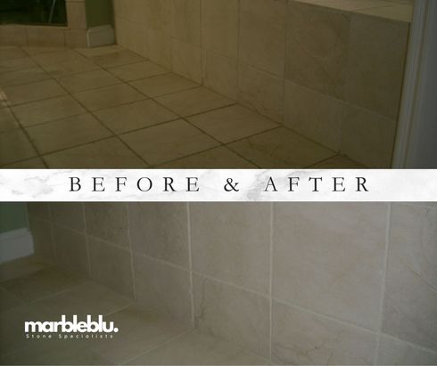 Before and after of a bathroom vanity countertop. Shows dull and then polished marble. White sink and dark fixtures are visible.