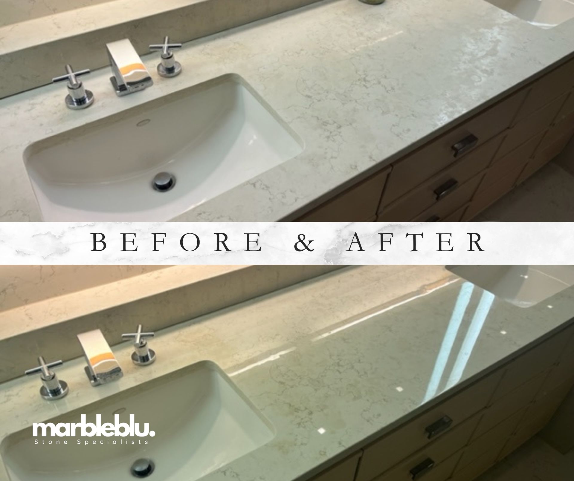 Before and after of a bathroom vanity countertop. Shows dull and then polished marble. White sink and dark fixtures are visible.