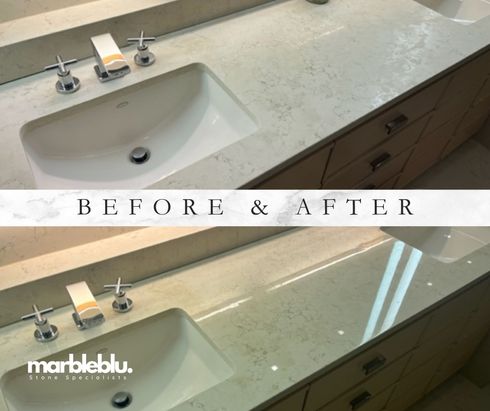 Before and after of a bathroom vanity countertop. Shows dull and then polished marble. White sink and dark fixtures are visible.