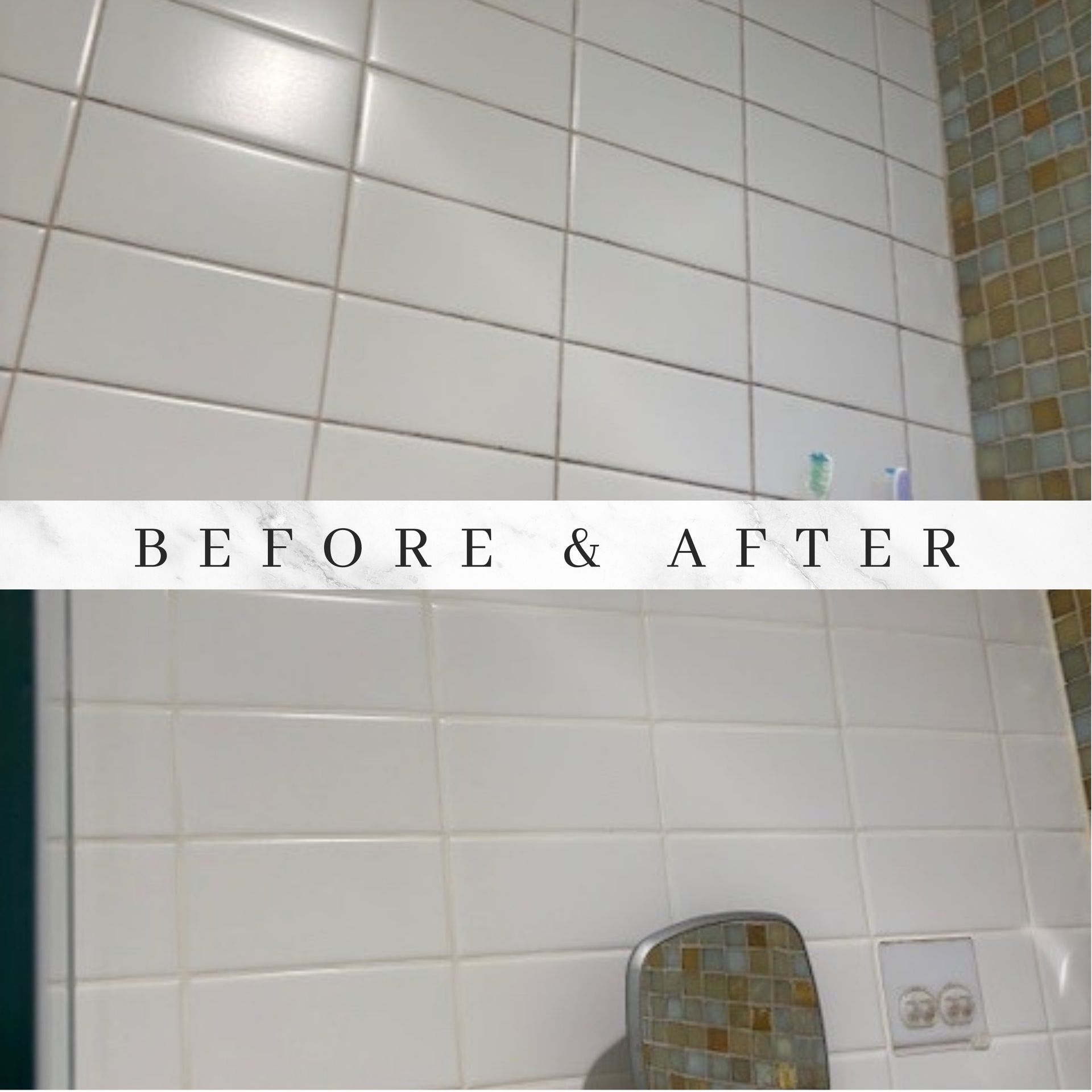Before and after shot of white tiled bathroom wall, with cleaner grout in the 