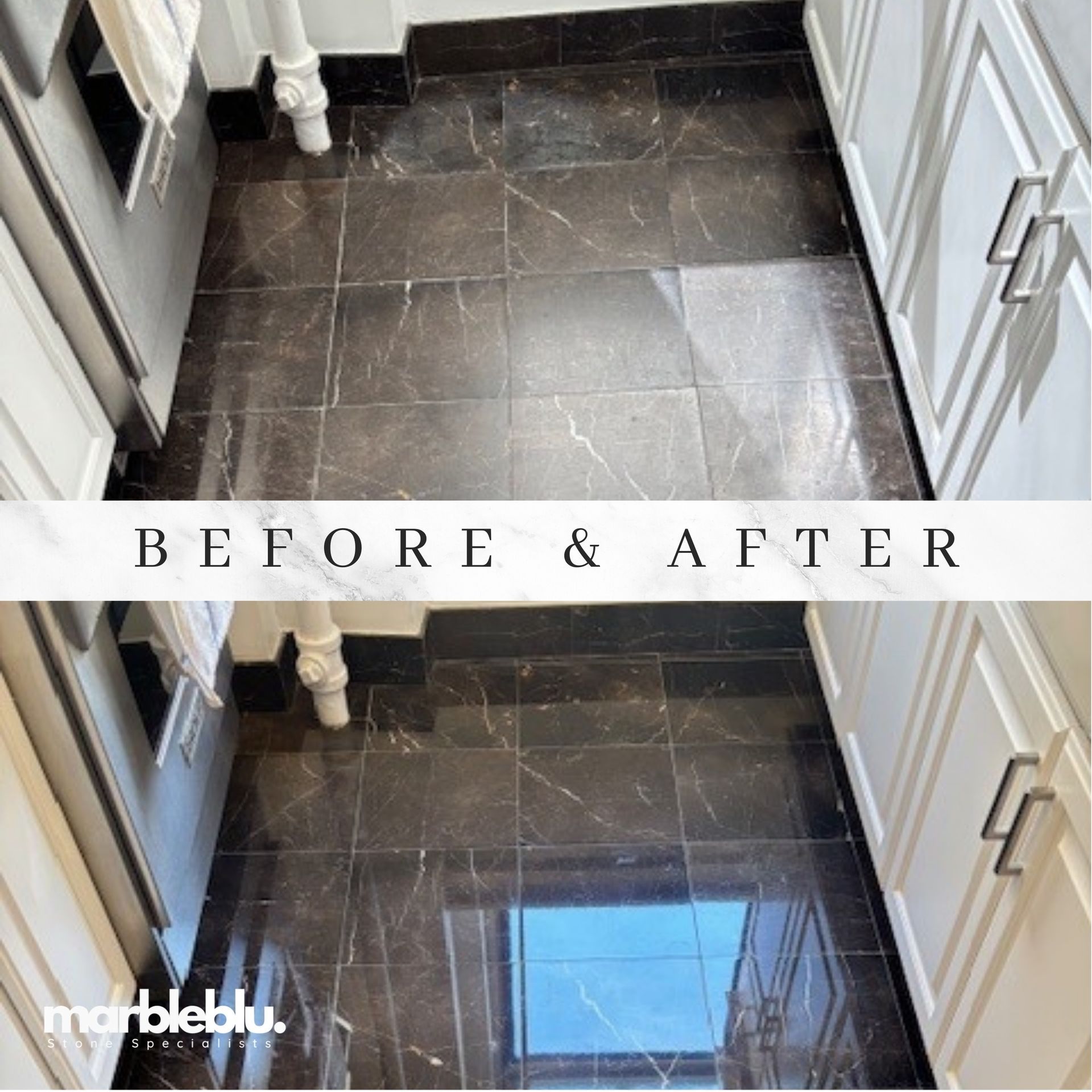 Before and after of a bathroom floor with dark, veined tile, next to white cabinets.
