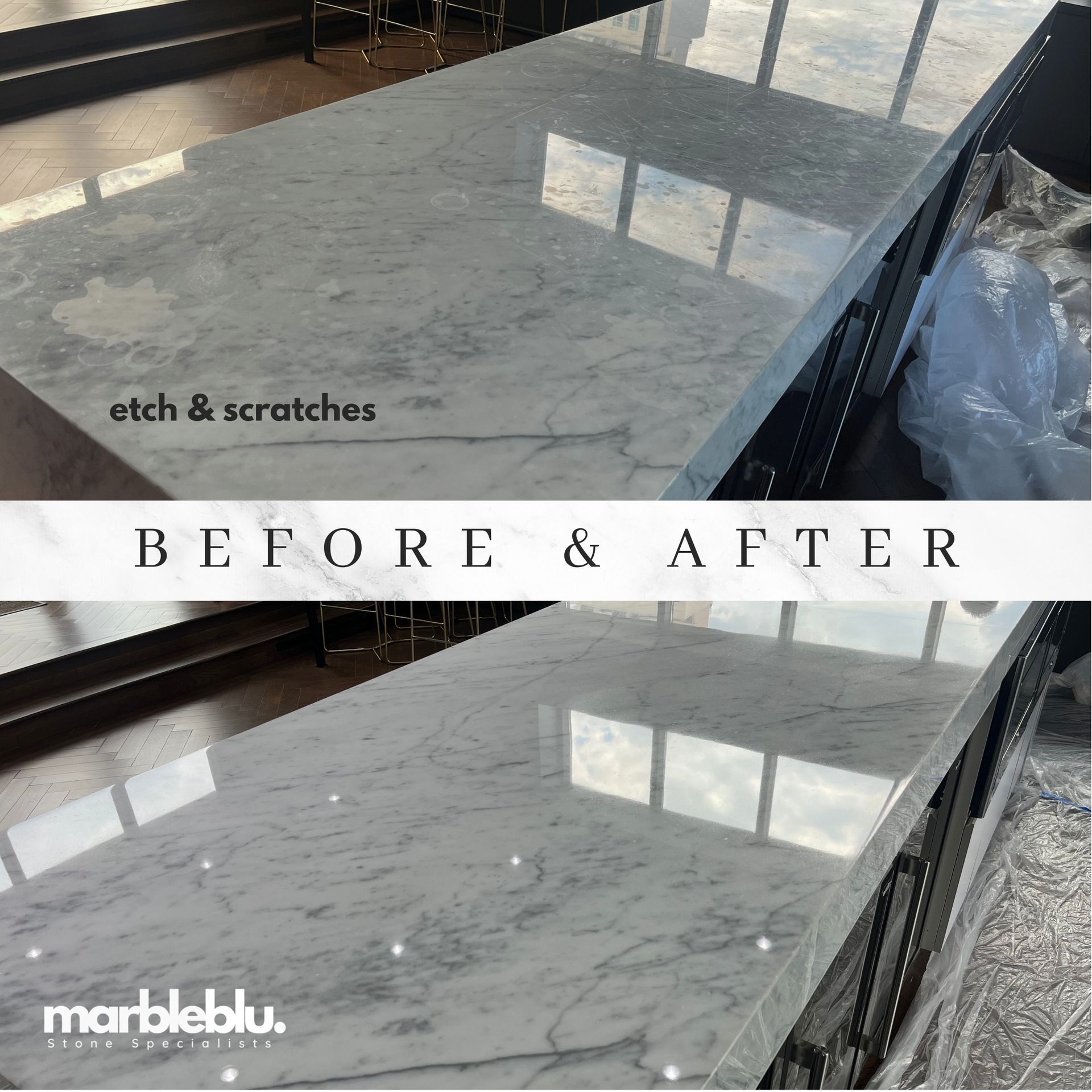 Before and after photos of a marble countertop; showing etch marks and scratches being polished and restored.