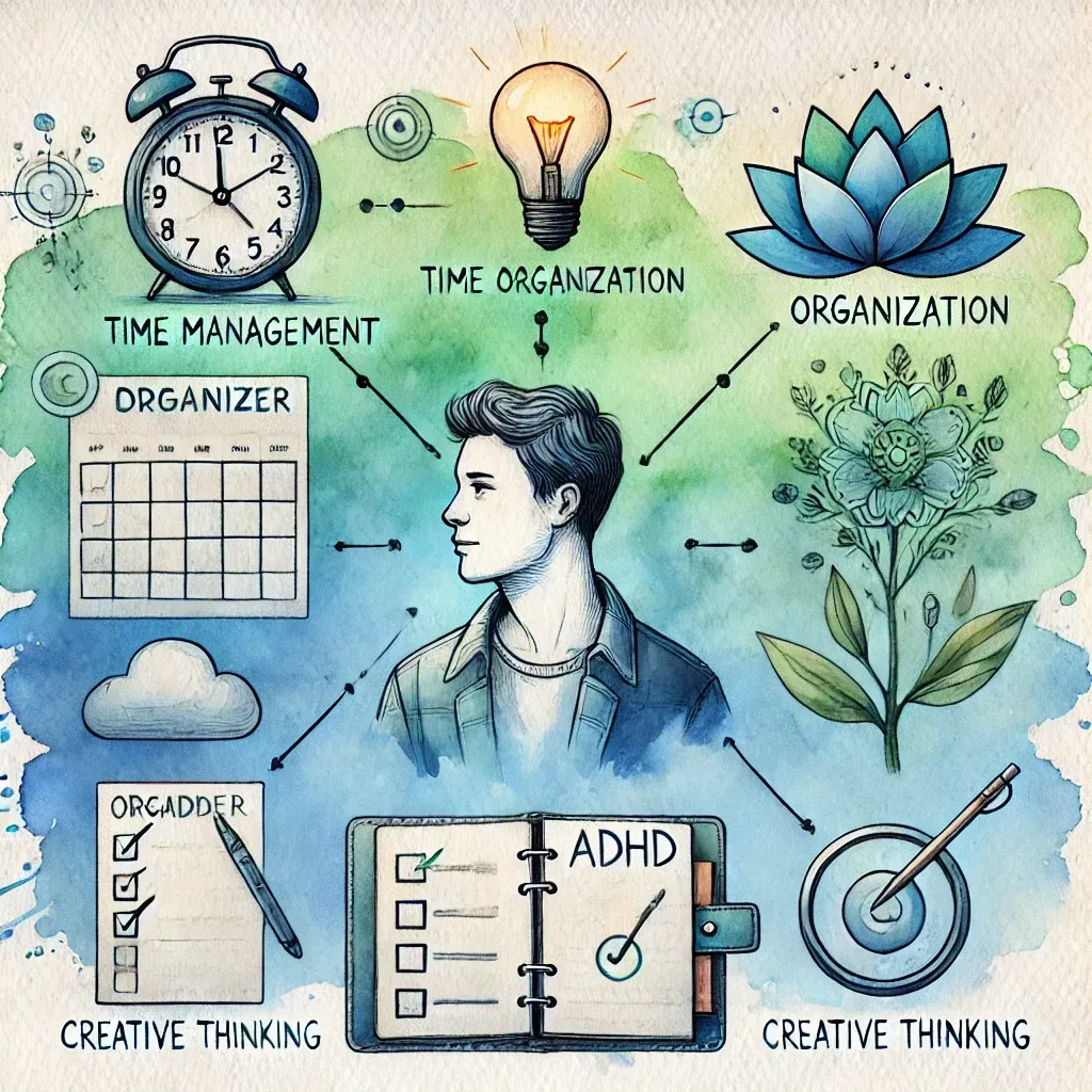 A drawing of a man with a notebook that says adhd on it