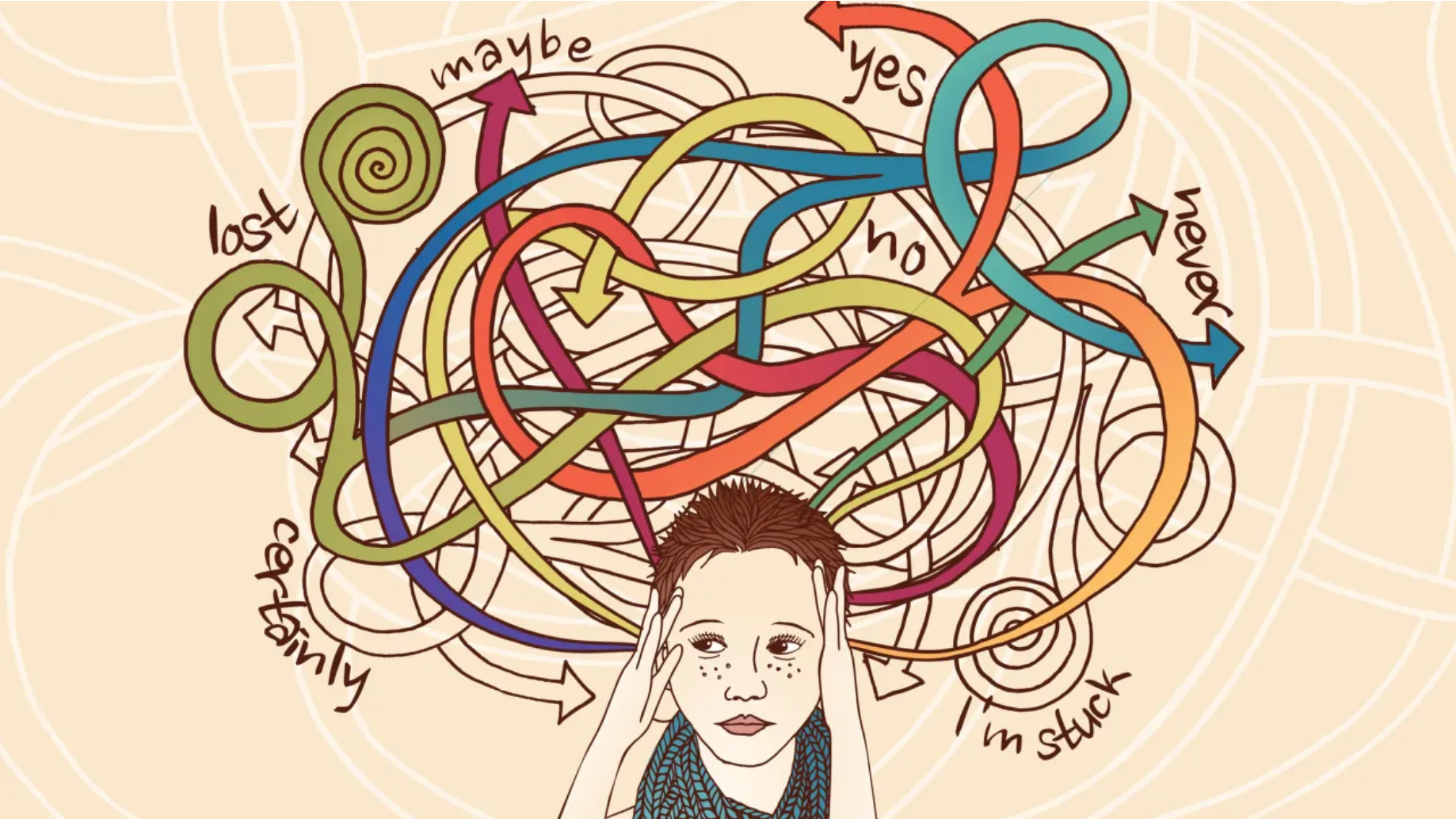 A drawing of a person with a bunch of lines coming out of their head.