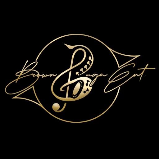 A gold logo with a treble clef on a black background.