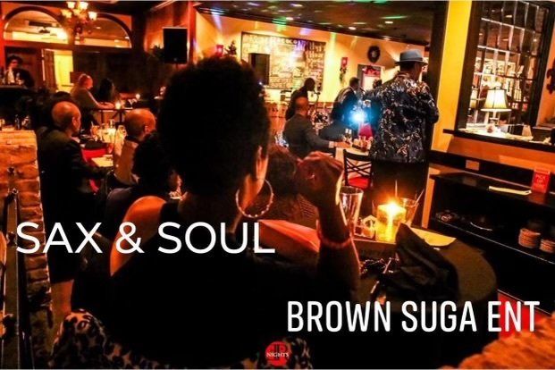 A group of people are sitting in a room with the words sax & soul brown suga ent on the bottom