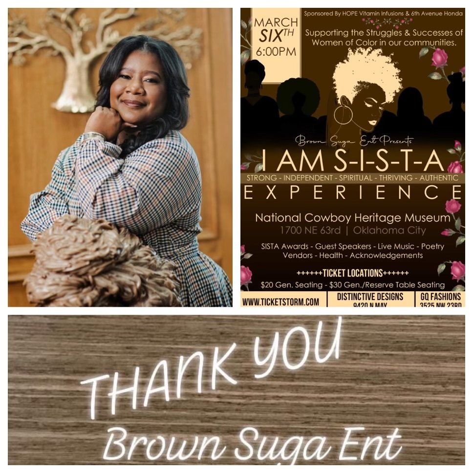 A woman is standing next to a poster for a concert called i am s-i-s-t-a experience