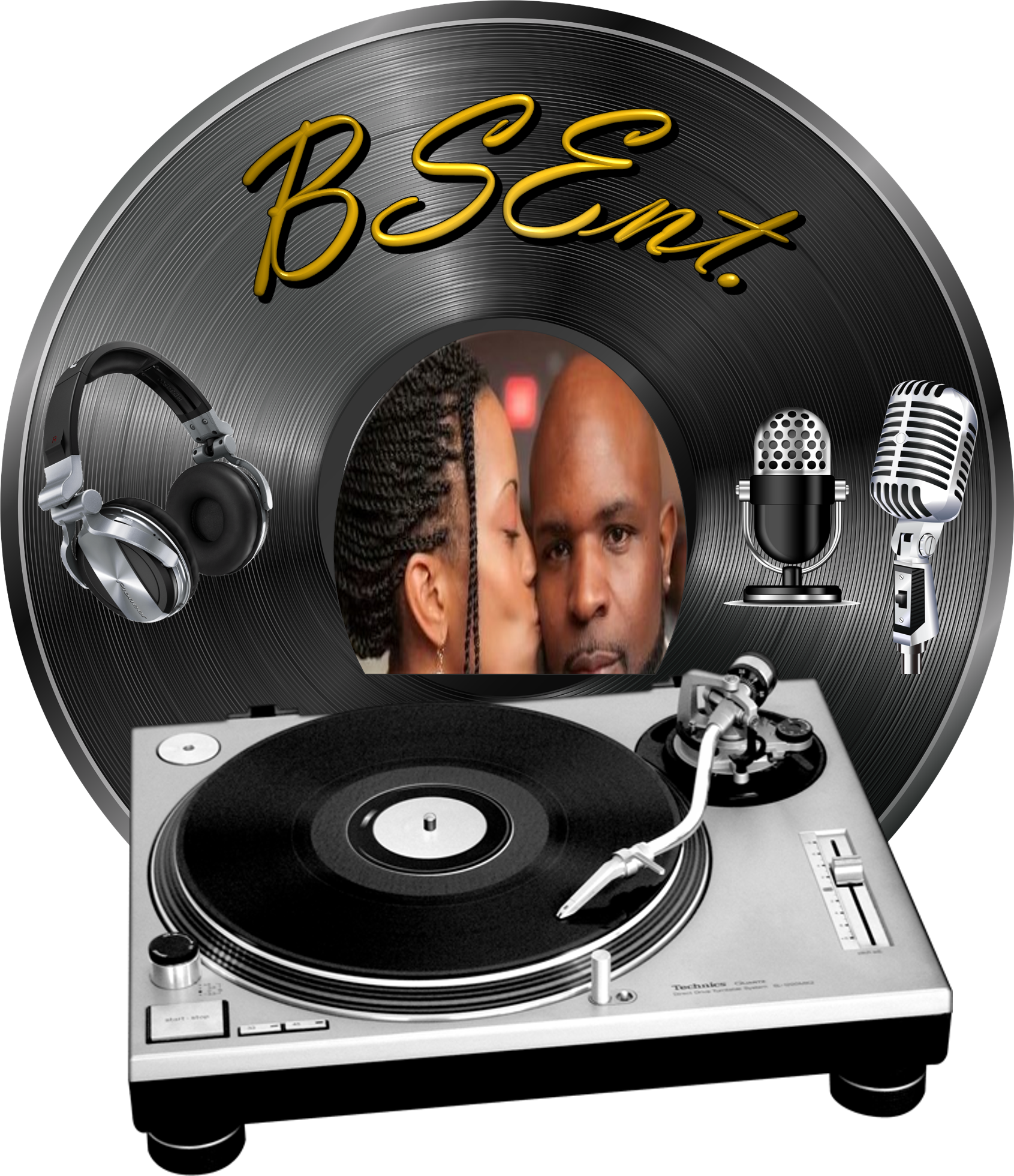 A record player with a picture of a man and woman on it