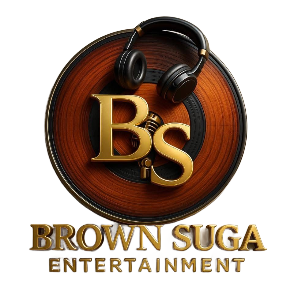 A gold logo with a treble clef on a black background.