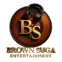 A gold logo with a treble clef on a black background.