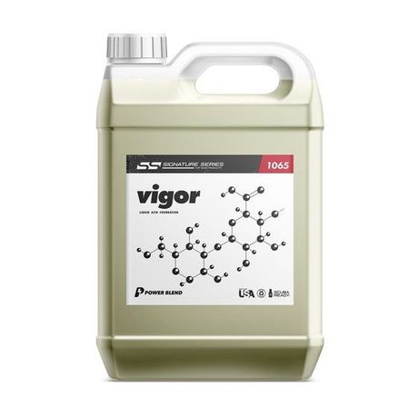 A plastic jug of Vigor cleaning solution with a chemical structure diagram on the label against a plain white background.