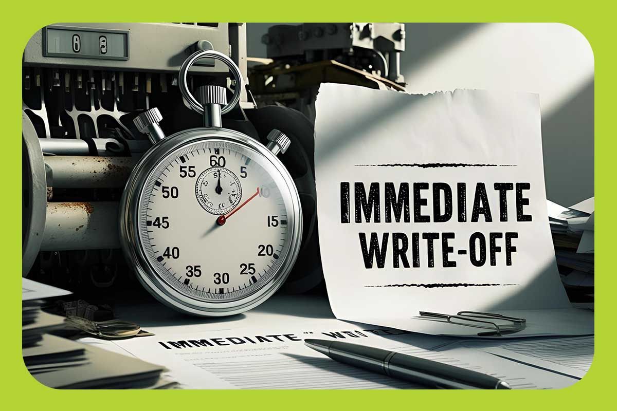 A pocket watch on a desk next to paperwork that reads, immediate write-off