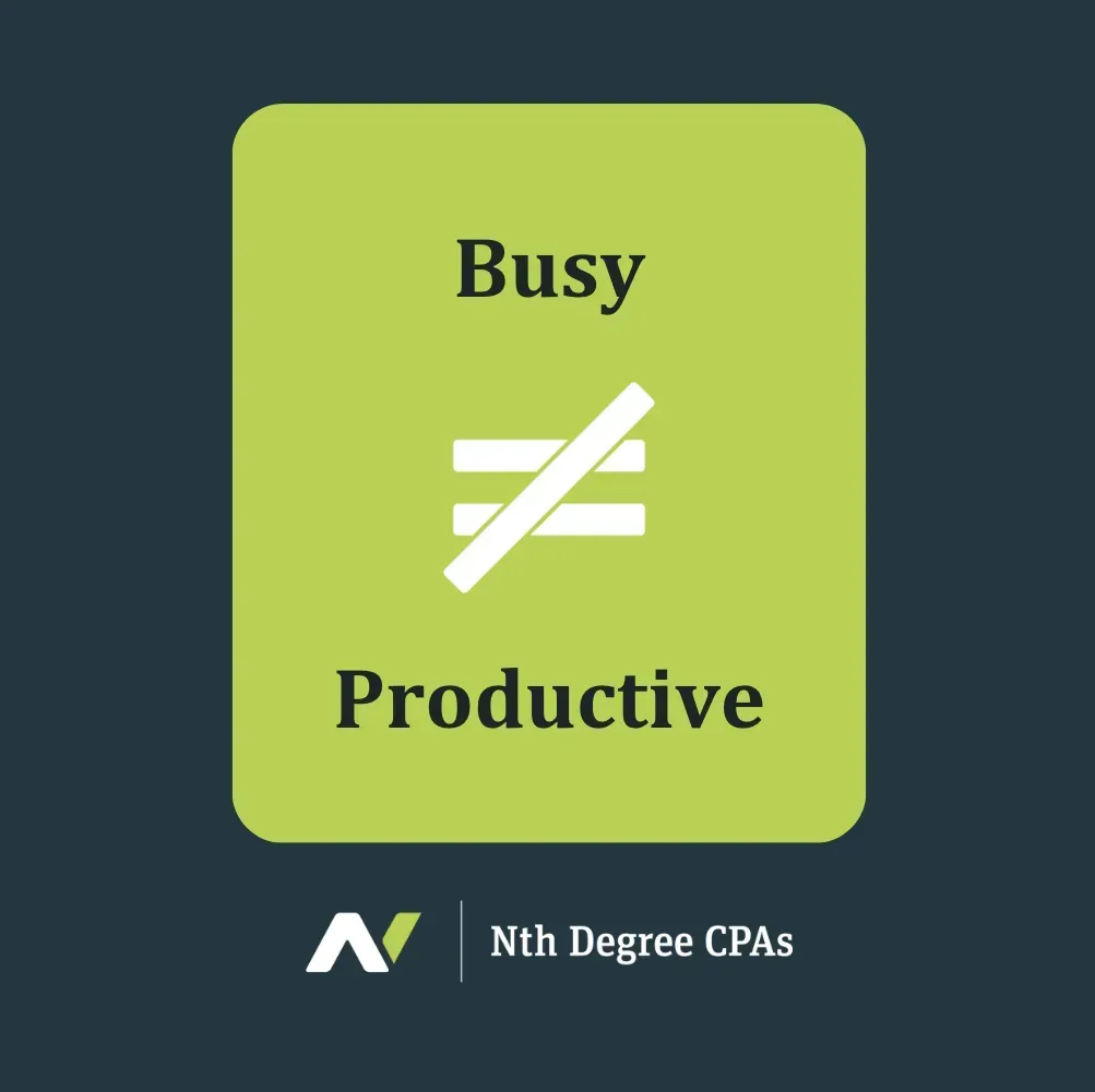 A green square with the words busy and productive on it