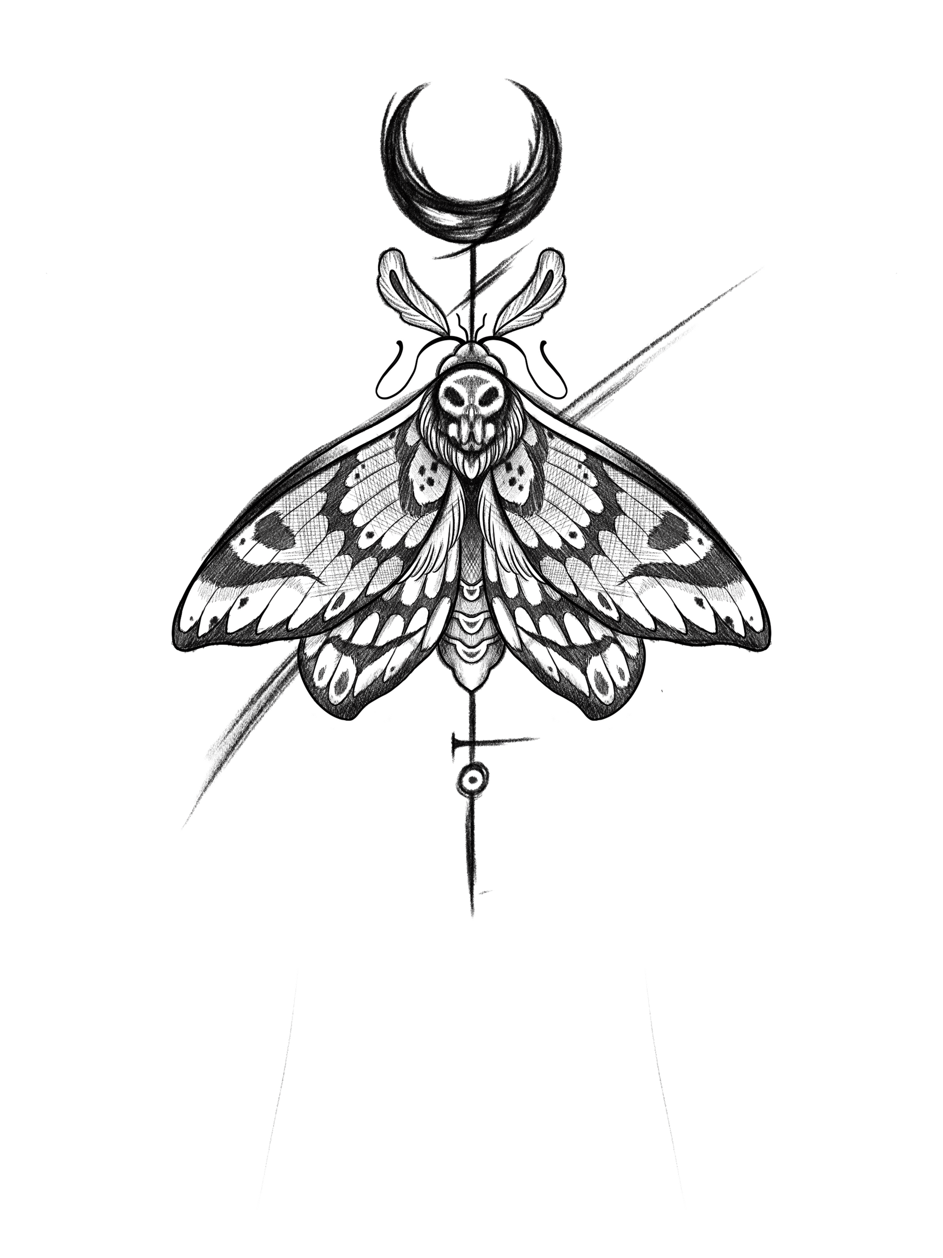 eine Schwarz-Weiß-Zeichnung einer Motte mit einem Kreuz und einem Mond darauf .