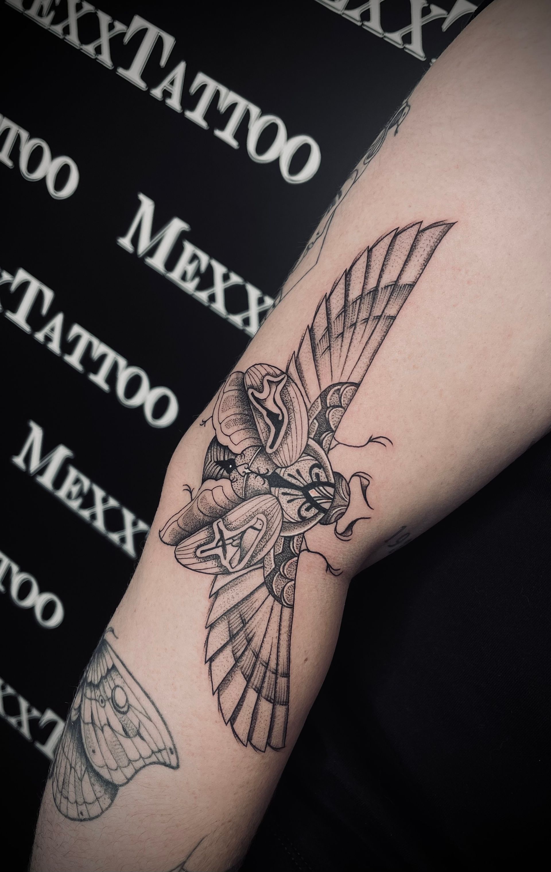 ein schwarz-weißes Tattoo einer Eule auf einem Arm