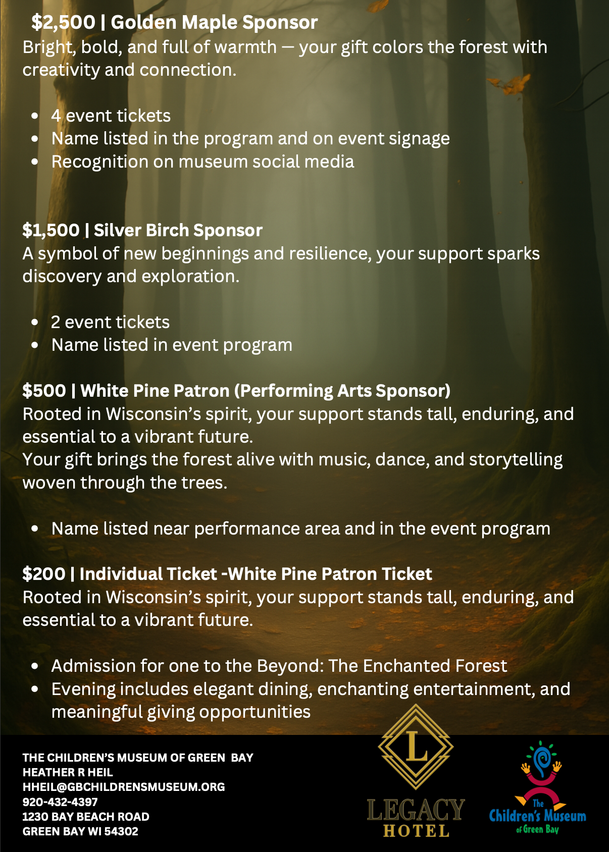 Event sponsorship tiers: Golden Maple, Silver Birch, White Pine Patron. Includes tickets and recognition details.