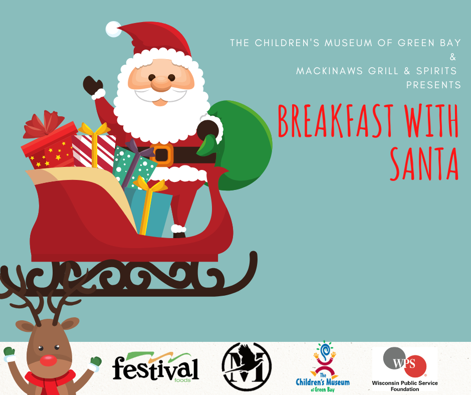 Breakfast with Santa event poster: sleigh, event at Children's Museum on Dec 13, 2025. Times: 8-9am, 9-10am, 10-11am.