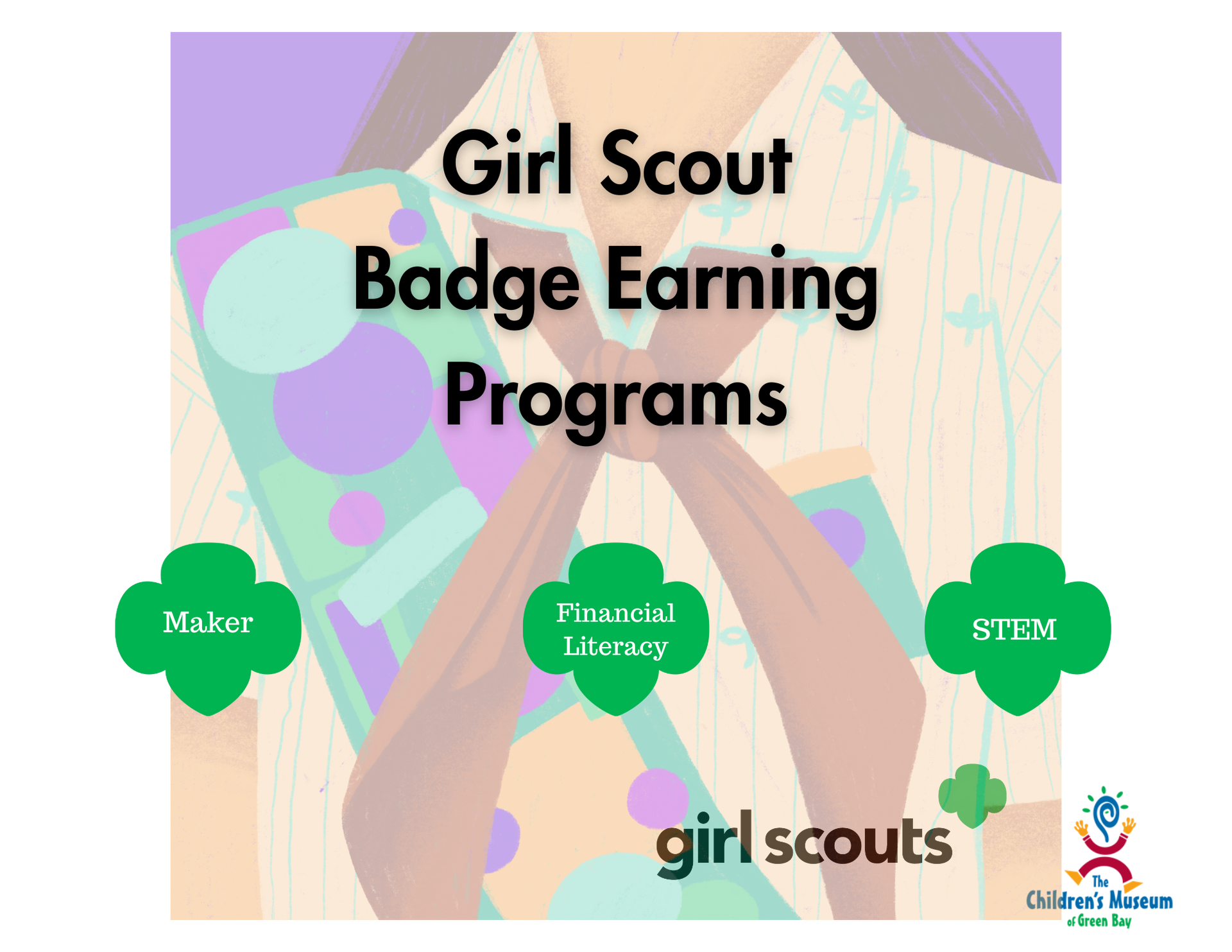 Girl Scout Badge Earning Programs graphic. Green clovers, text includes 