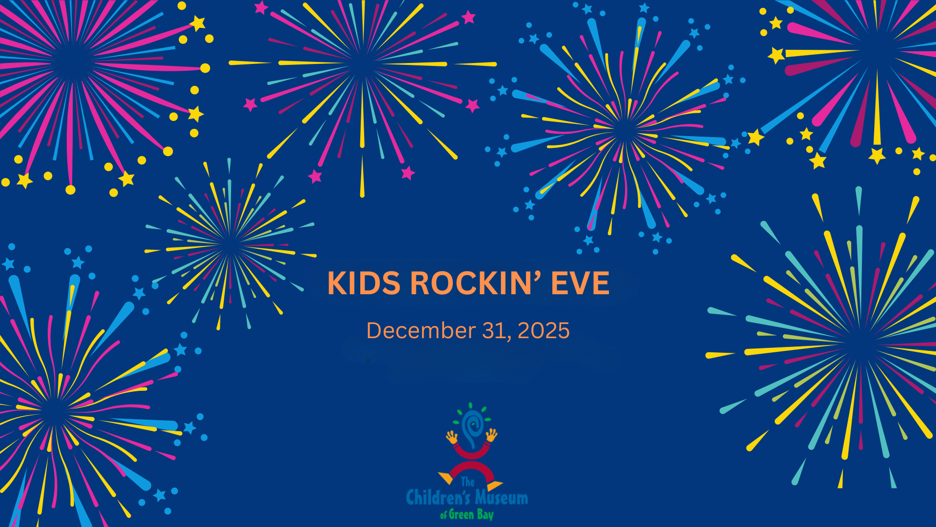 A poster for a kids rockin ' eve with fireworks on a blue background.