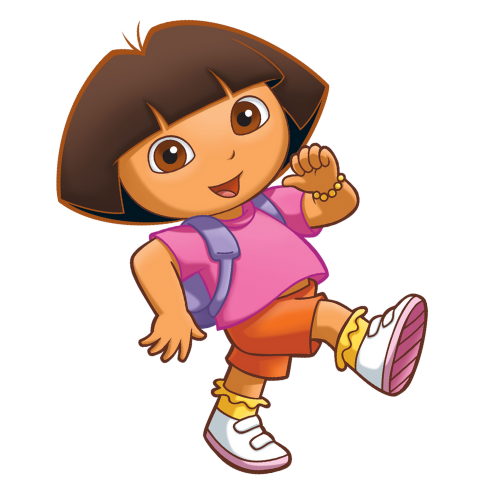 Dora the explorer is wearing a pink shirt and orange shorts