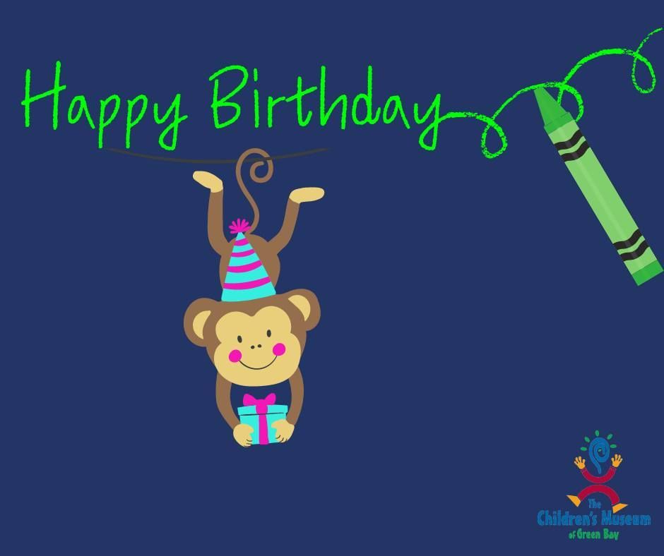 Happy Birthday graphic with monkey hanging from green crayon-drawn line; dark blue background.