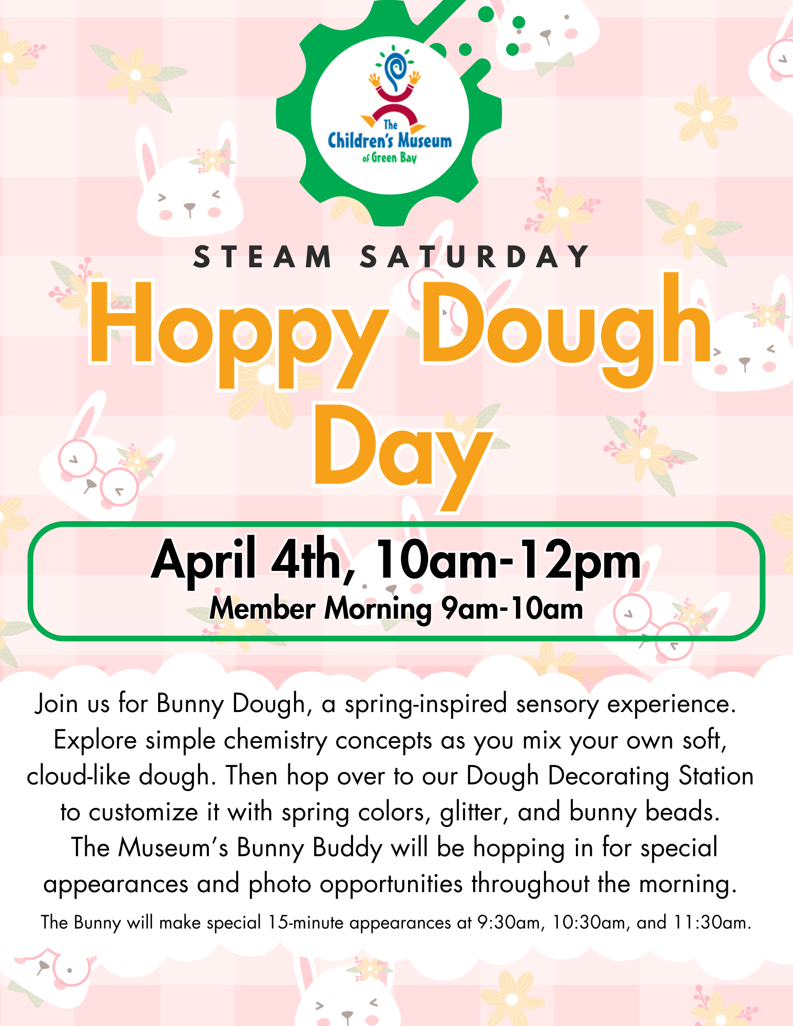 Hoppy Dough Day on April 4th, 10am-12pm at the Children's Museum,