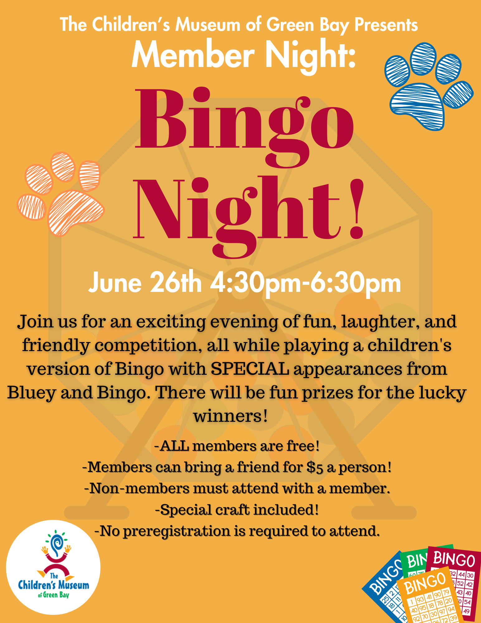 Orange flyer for members bingo night, June 26, 4:30–6:30 pm