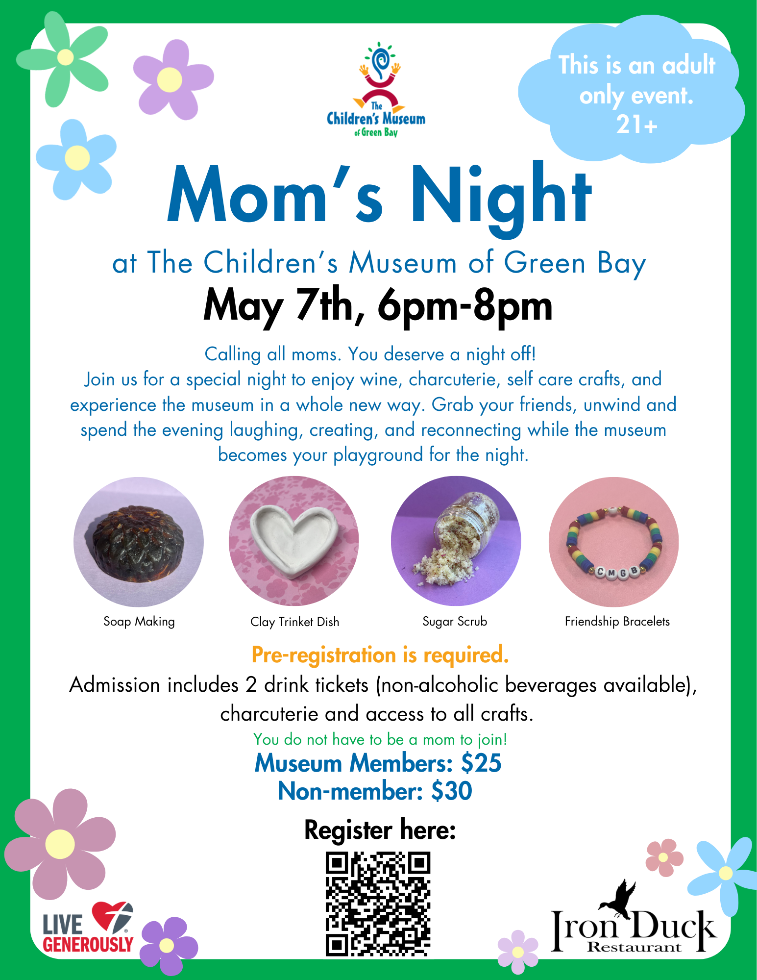 Flyer for Mom's Night at The Children's Museum of Green Bay on May 7th, 6pm-8pm. 