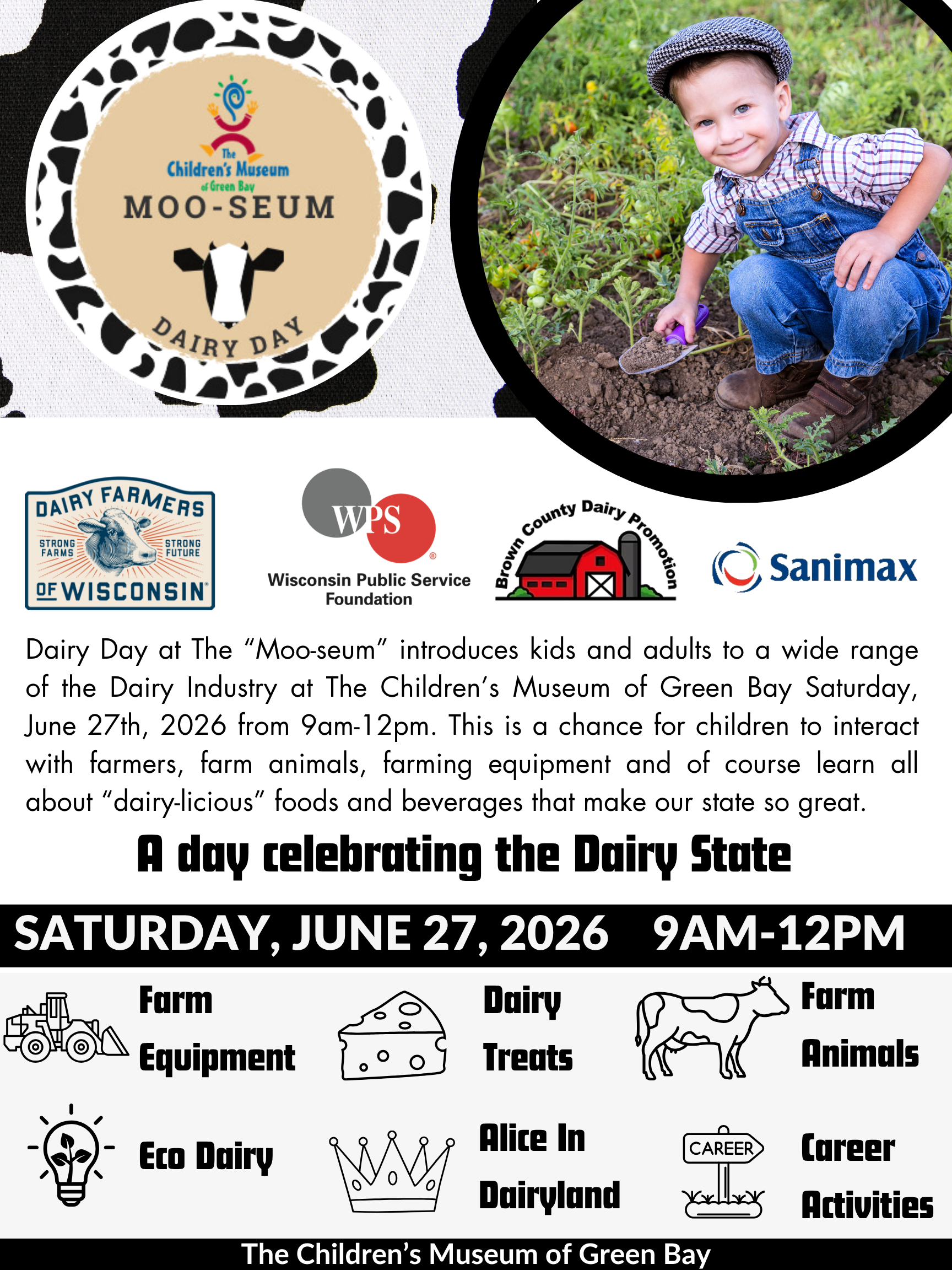 Dairy farm event with child in field, logos, and celebration details for June 27, 2026.