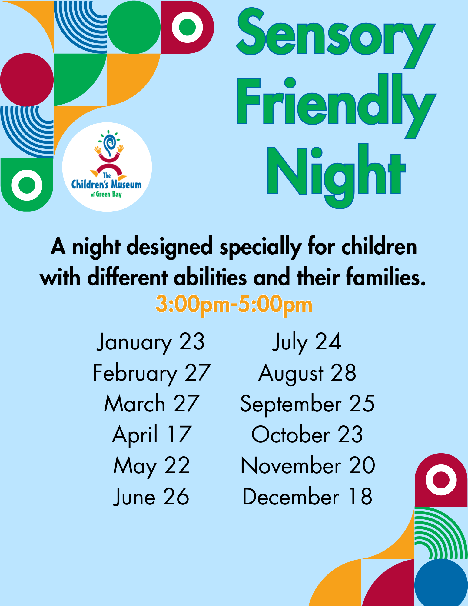 A poster for a sensory friendly night for children with different abilities and their families.