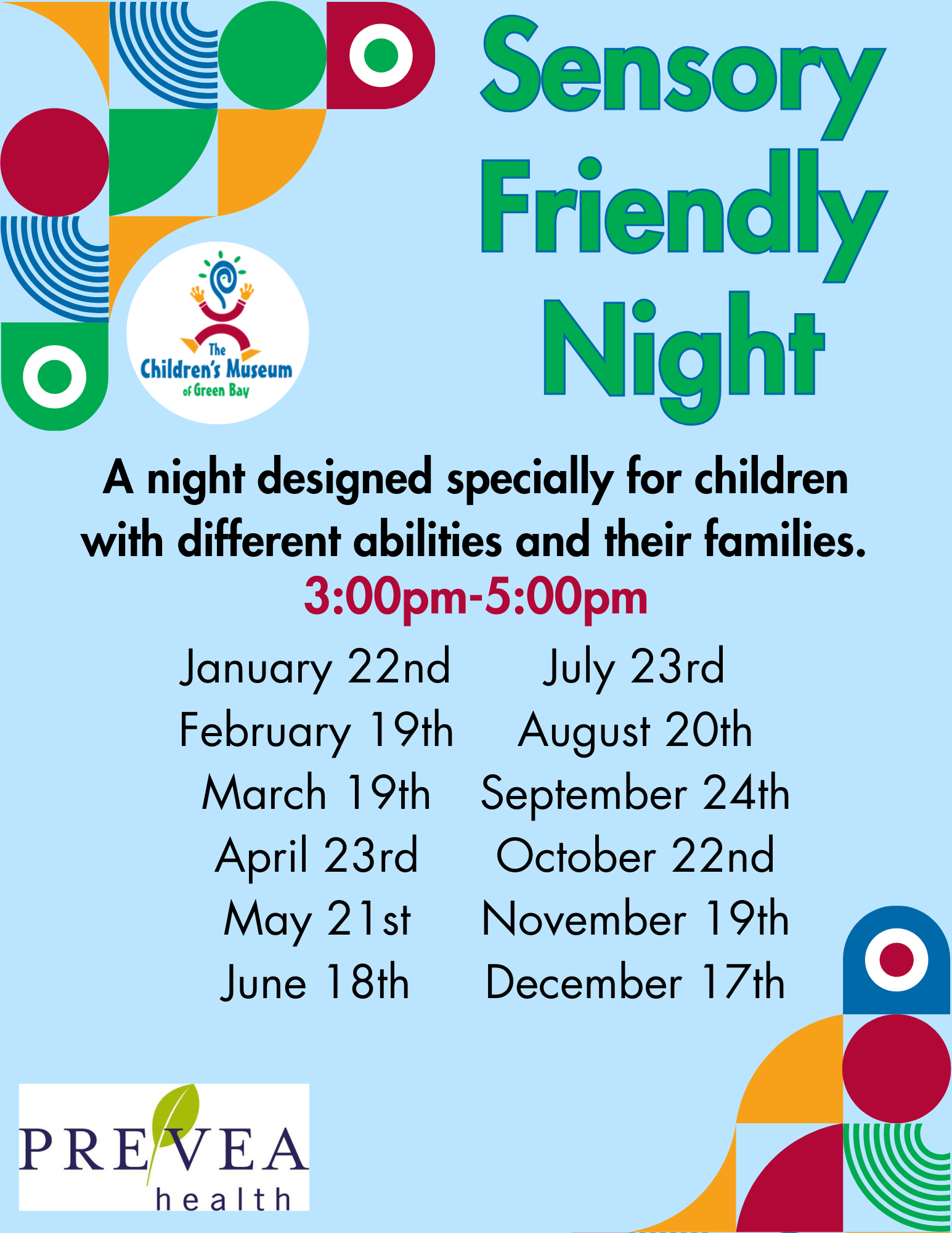 Sensory Friendly Night at the Children's Museum. Dates and times are listed on a blue background.