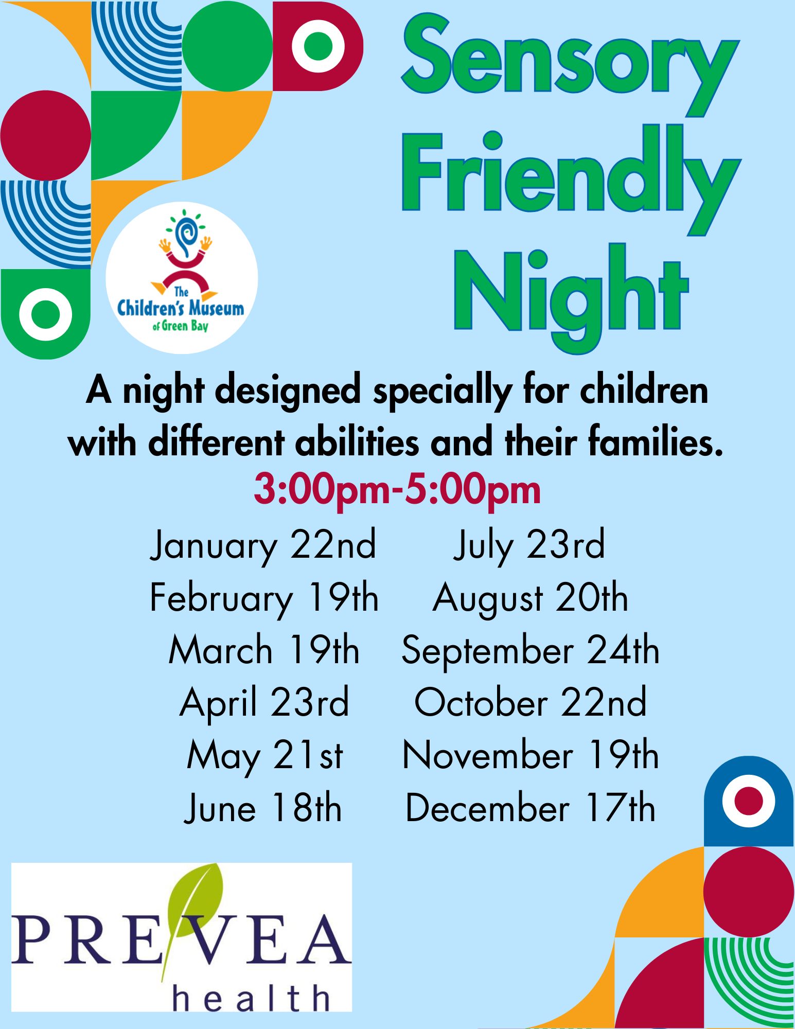 Sensory Friendly Night at the Children's Museum. Dates and times are listed on a blue background.
