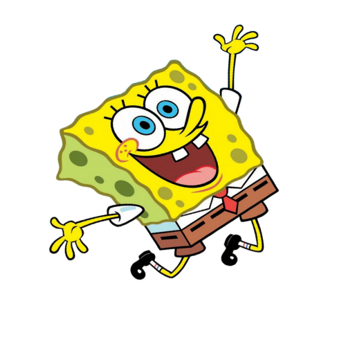 A cartoon of spongebob squarepants is jumping in the air.