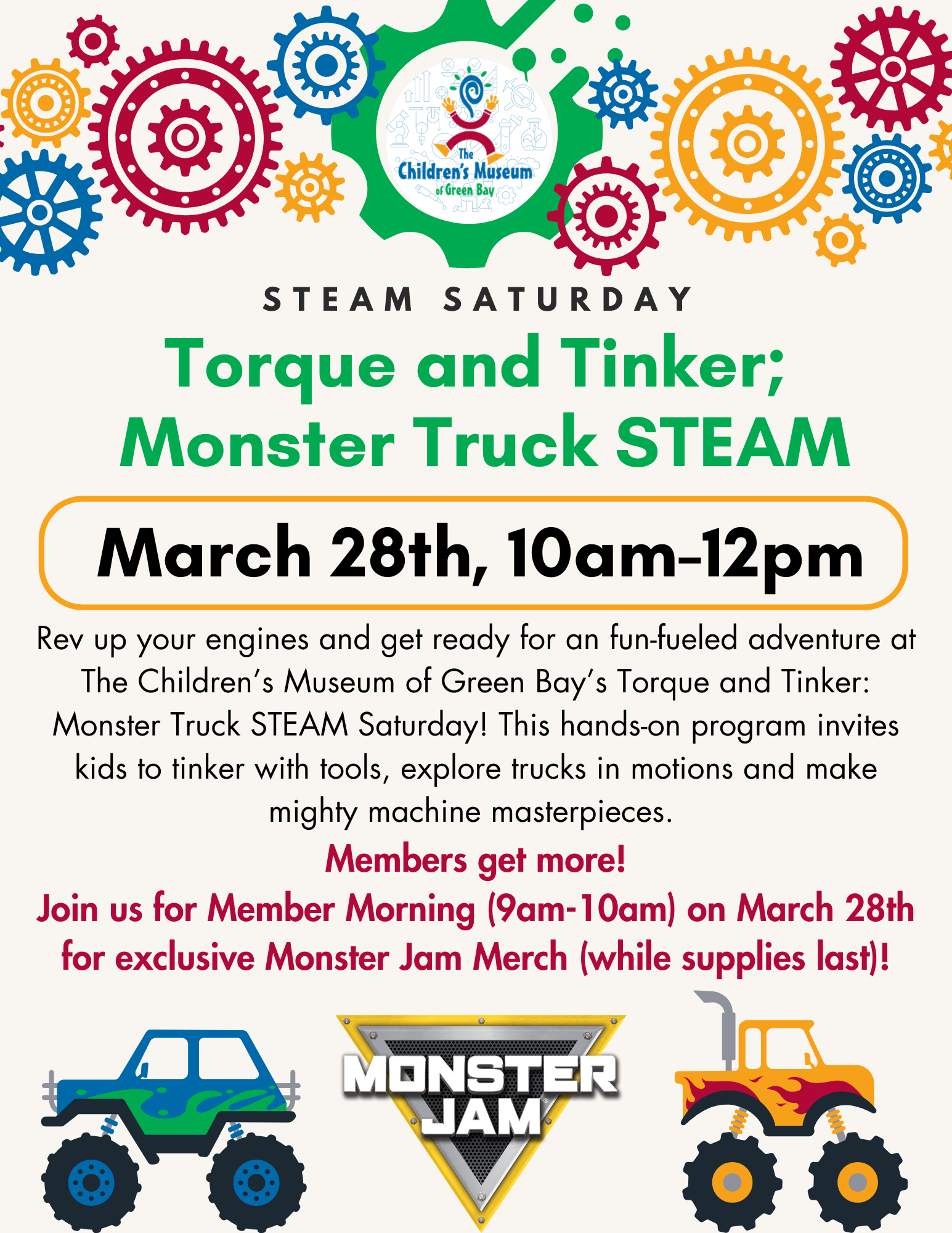 Torque and Tinker; Monster Truck STEAM. March 28th, 10am-12pm.