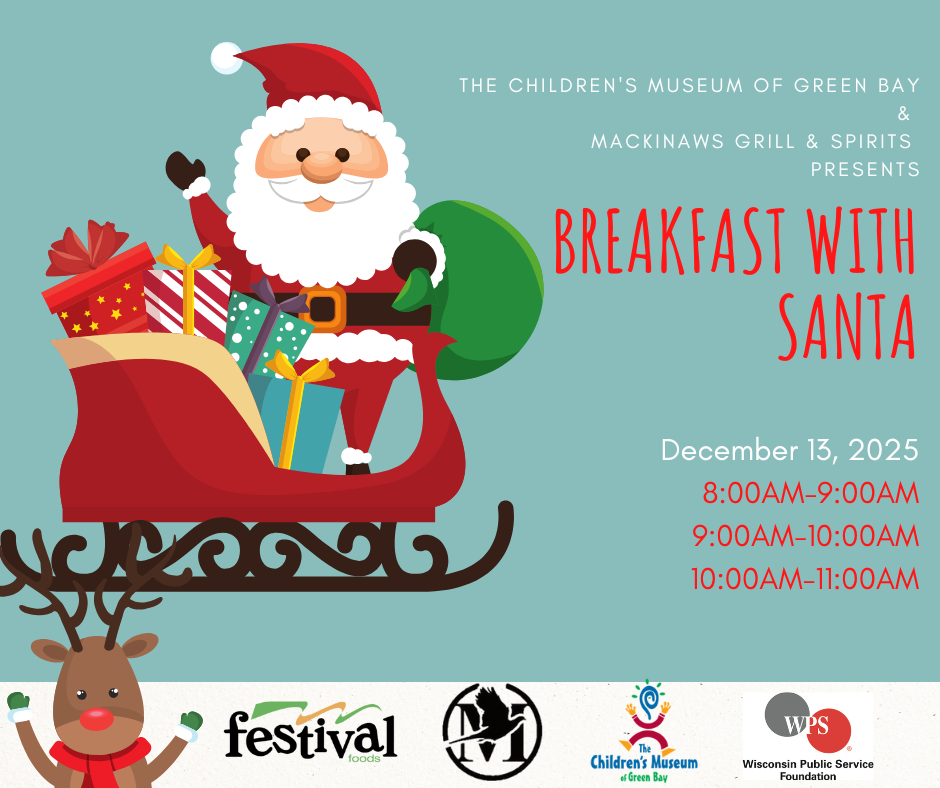 Breakfast with Santa event poster: Santa in sleigh, event at Children's Museum on Dec 13, 2025. Times: 8-9am, 9-10am, 10-11am.