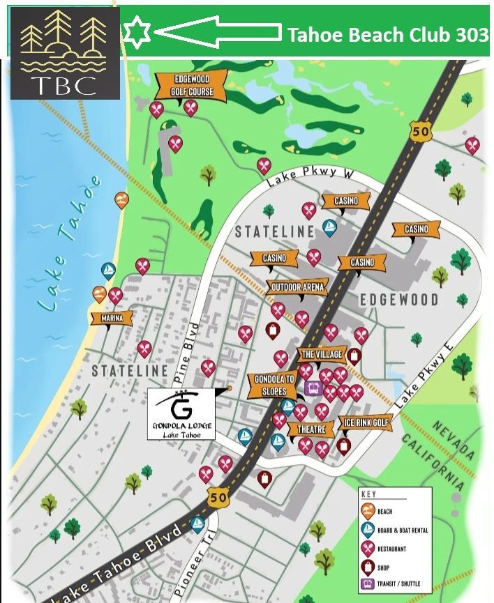 Map of Stateline, Nevada, showing locations marked with icons, near Lake Tahoe and CA border.