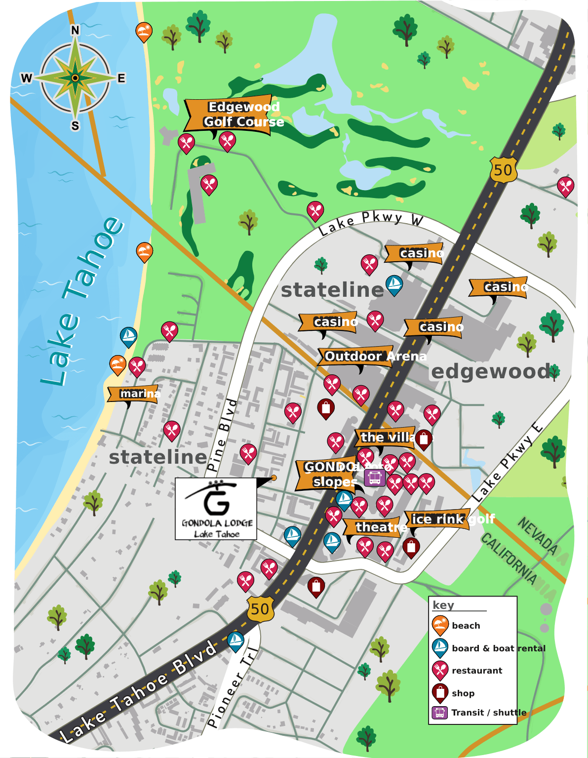 A map of lake tahoe shows the stateline and edgewood