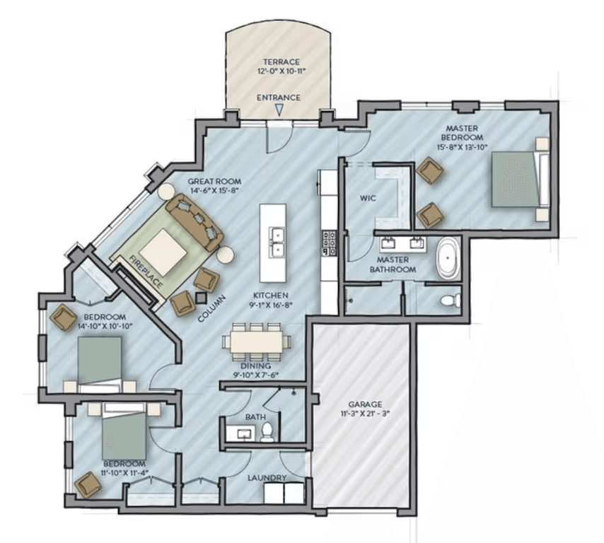 A floor plan of a house with three bedrooms