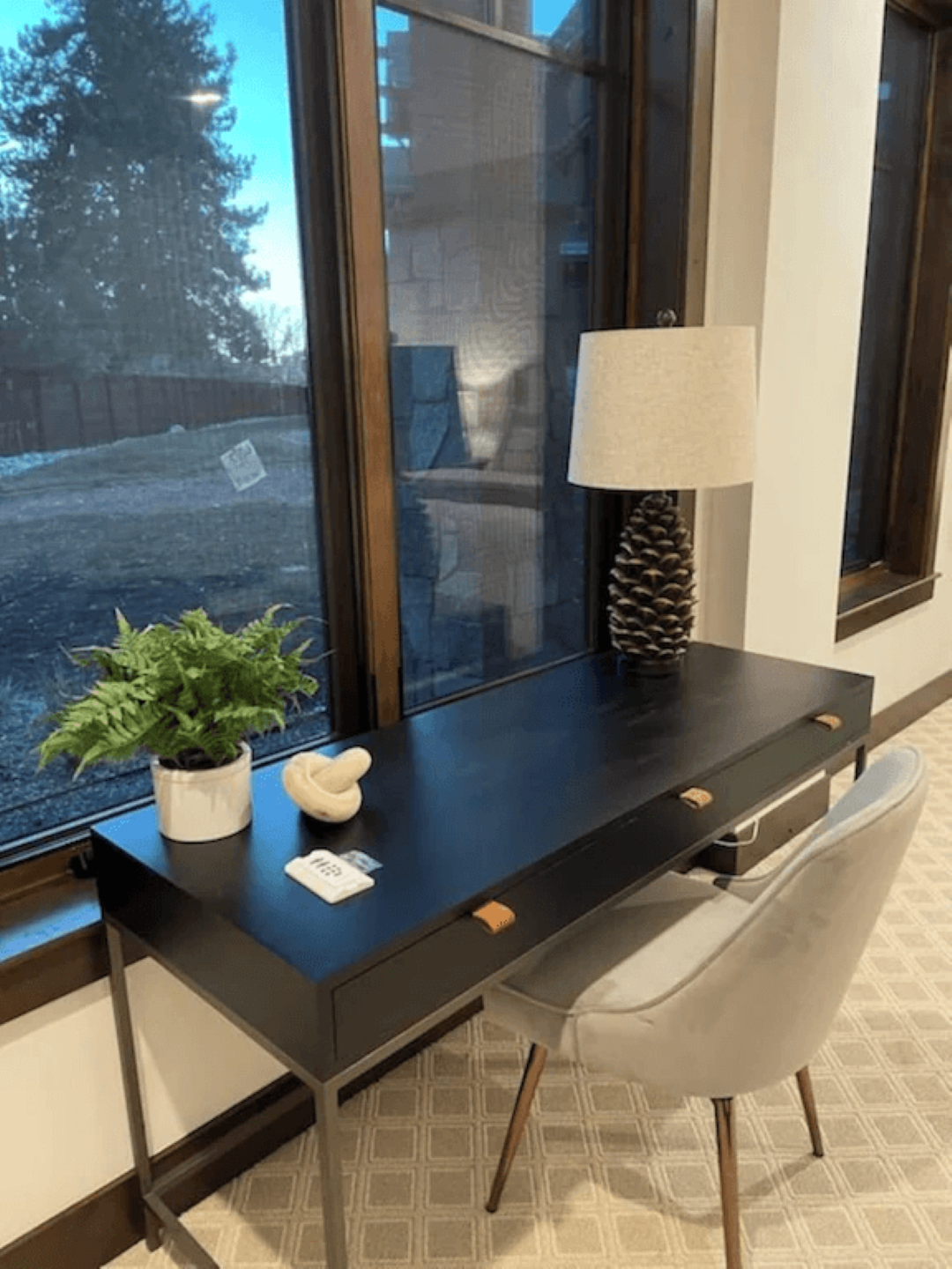 A desk with a lamp and a plant on it in front of a window.